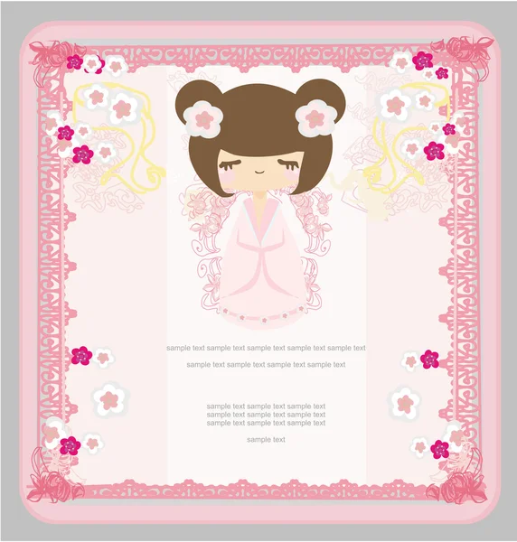 Kokeshi baba a rózsaszín háttér virágdísz — Stock Vector