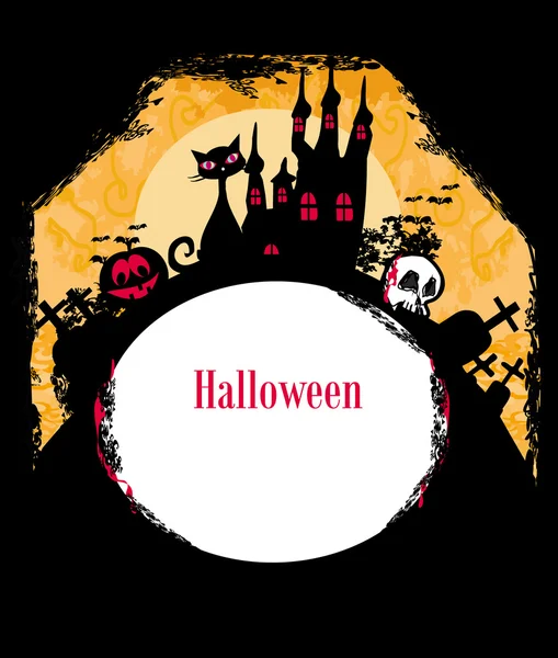 Gruñón fondo de Halloween con casa embrujada, murciélagos y luna llena — Archivo Imágenes Vectoriales