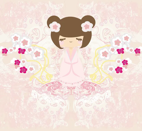 stock vector Kokeshi doll on the pink background with floral ornament