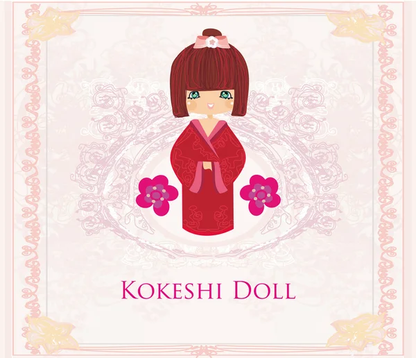 stock vector Kokeshi doll on the pink background with floral ornament