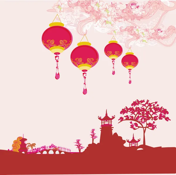 Old paper with Asian Landscape and Chinese Lanterns - vintage japanese style background — Stock Vector
