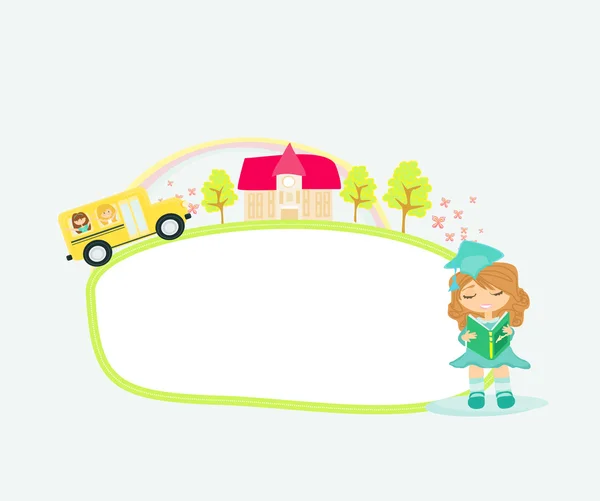 Un autobus scolaire se dirigeant vers l'école avec des enfants heureux — Image vectorielle