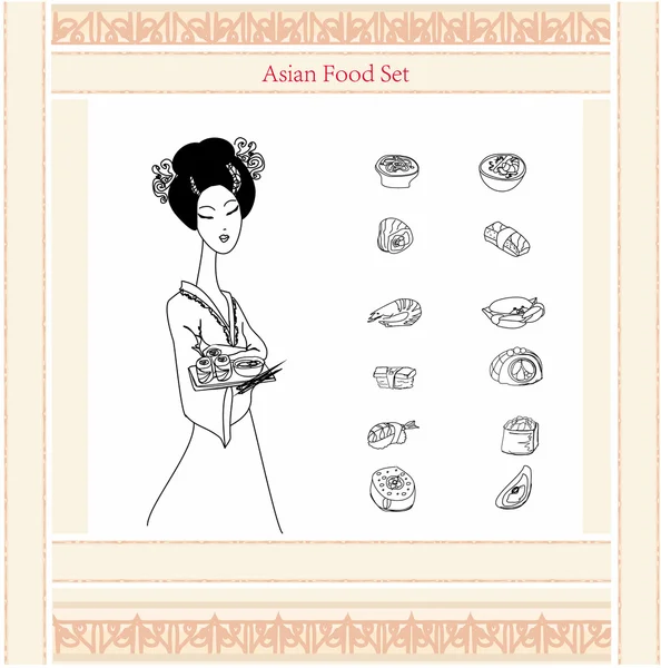 아름다운 아시아 소녀가 초밥 메뉴를 즐겨 먹다 — 스톡 벡터
