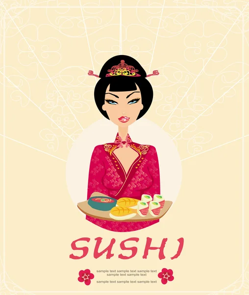 Vacker asiatisk flicka njuta av sushi - meny mall — Stock vektor