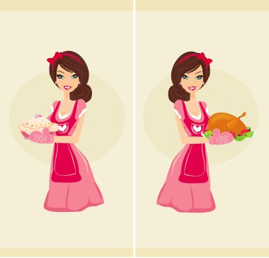 Beautiful Waitress serving chicken and cake clipart