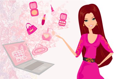 Online shopping - young smiling woman sitting with laptop computer clipart