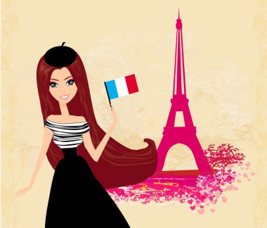 Paris 'te alışveriş yapan güzel kadınlar - vektör kartı