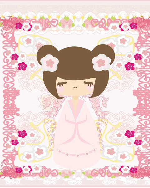 Kokeshi-Puppe auf rosa Hintergrund mit floralem Ornament — Stockvektor