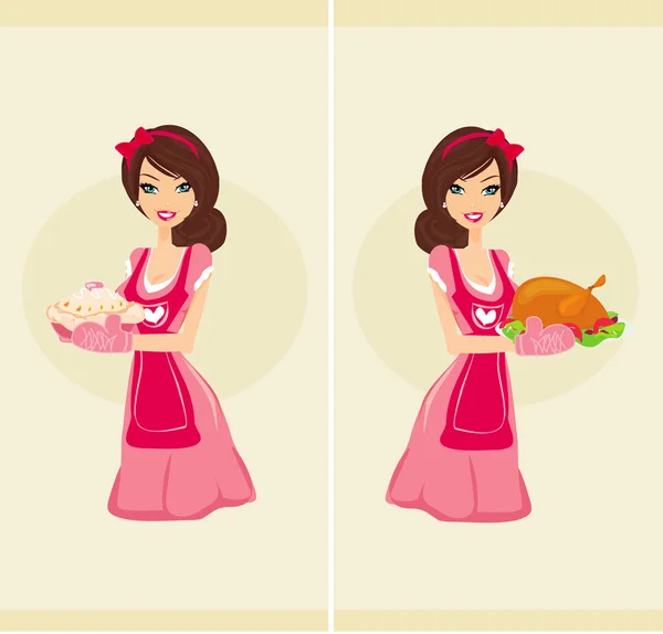 Beautiful Waitress serving chicken and cake — Stock Vector