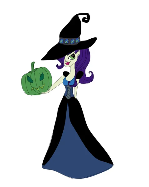 Halloween czarownica stojąca z dyniami — Wektor stockowy