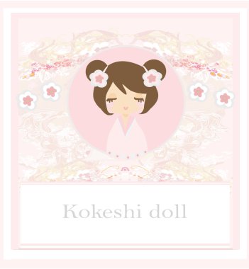 Kokeshi doll on the pink background with floral ornament clipart