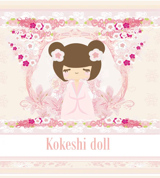 Boneca Kokeshi no fundo rosa com ornamento floral —  Vetores de Stock