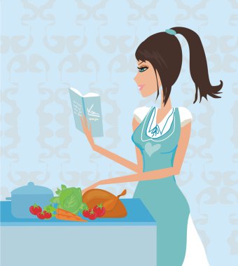 Beautiful lady cooking chicken clipart