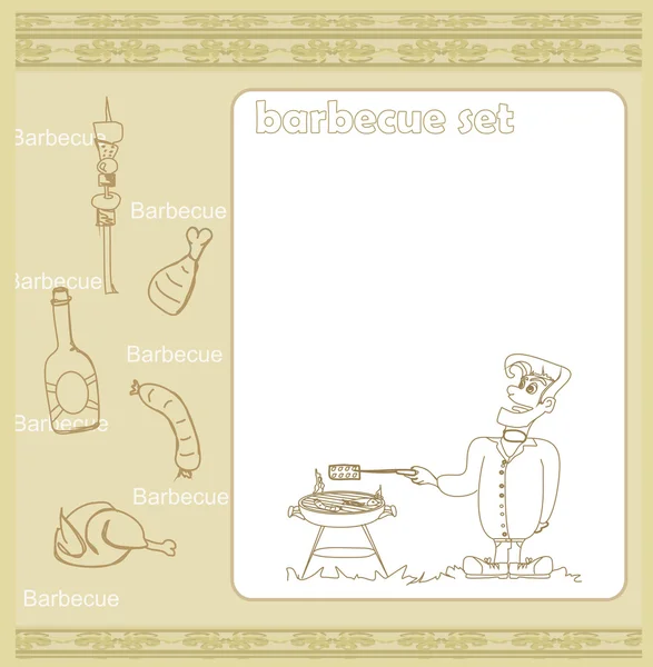 Zeichentrickfigur in Grillkleidung kocht Fleisch - Einladung — Stockfoto