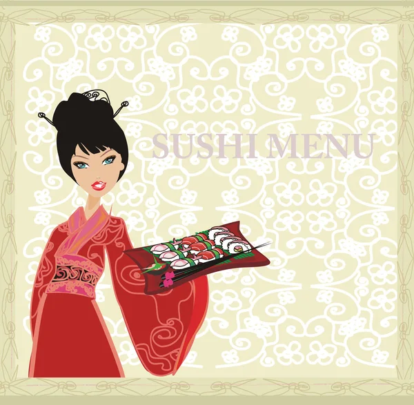 Красивая азиатская девушка наслаждаться суши - шаблон меню — стоковое фото