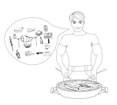 Cartoon Male dressed in grilling attire cooking meat.Barbecue icon set