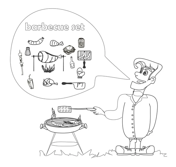 Мультфильм Мужчина одет в гриль наряд приготовления мяса. — стоковое фото