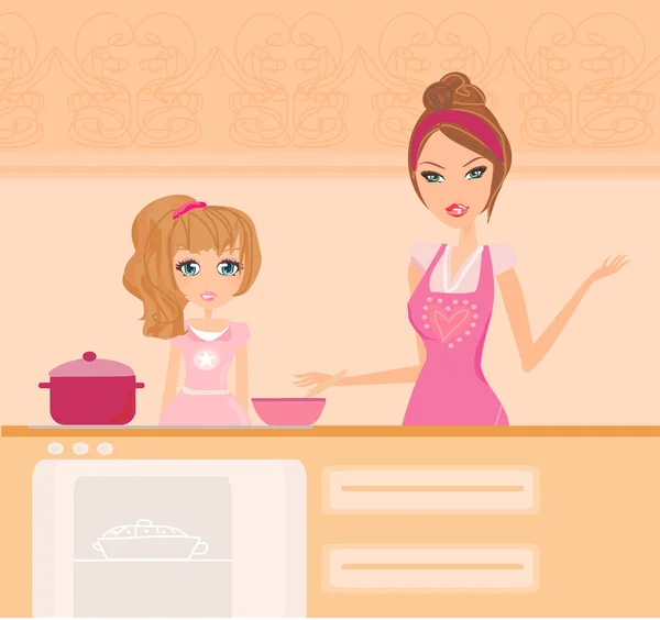 Mãe feliz ajudando sua filha a cozinhar na cozinha — Fotografia de Stock