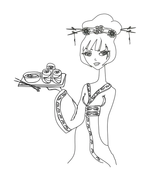 Piękne Azji dziewczyna cieszyć sushi - doodle ilustracja — Zdjęcie stockowe