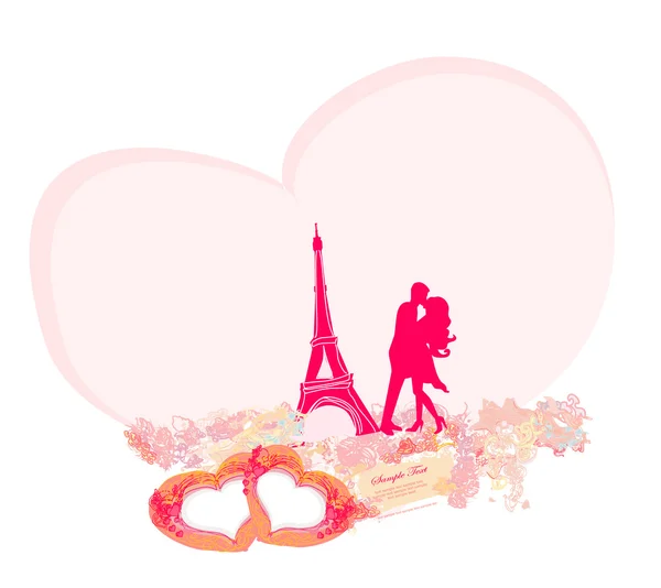 Romantic couple in Paris kissing near the Eiffel Tower. Retro card — Stock Photo, Image