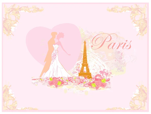 Coppia romantica a Parigi che si bacia vicino alla Torre Eiffel. Scheda retrò — Foto Stock