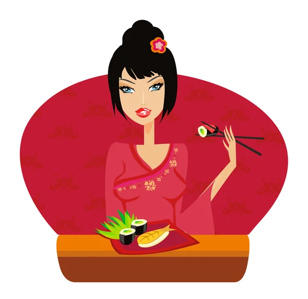 Doce ásia menina desfrutar de sushi — Fotografia de Stock