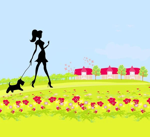 Ένα όμορφο κορίτσι βγάζει βόλτα το σκύλο. — Φωτογραφία Αρχείου