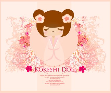 Kokeshi doll on the pink background with floral ornament clipart