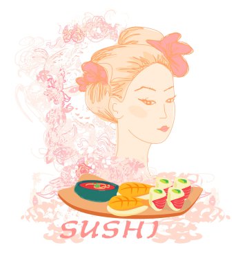 Beautiful Asian girl and sushi - poster clipart