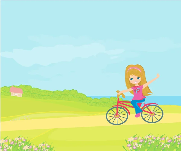 かわいい笑顔の若い女の子とハッピー運転自転車 — ストック写真