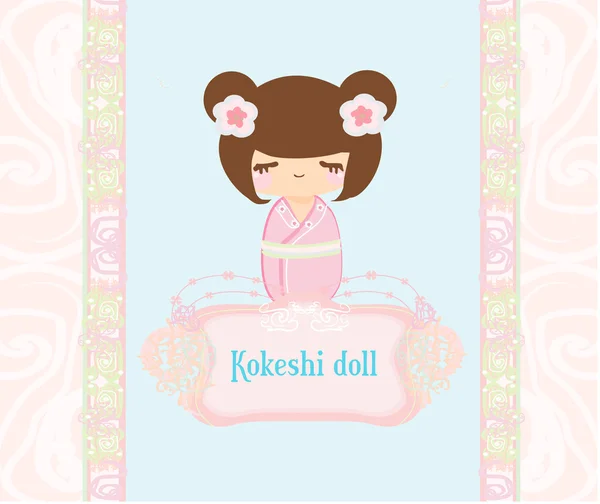 stock image Kokeshi doll on the pink background with floral ornament