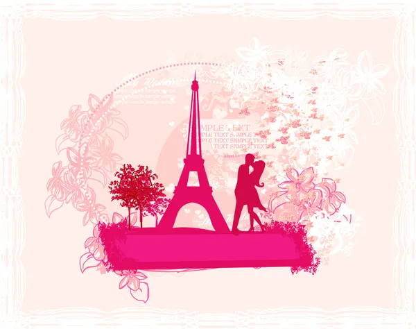 Romantikus pár Párizsban csókolózik az Eiffel-torony közelében. Retro kártya. — Stock Fotó