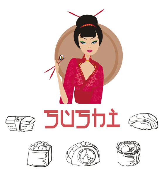 Hermosa chica asiática disfrutar sushi — Foto de Stock