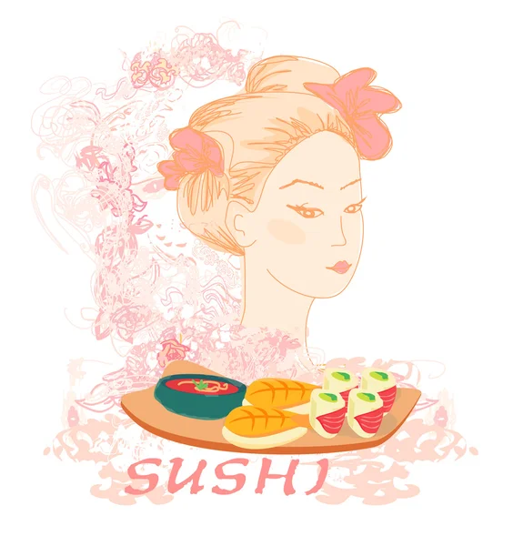 Όμορφο ασιατικό κορίτσι και σούσι - αφίσα — Φωτογραφία Αρχείου