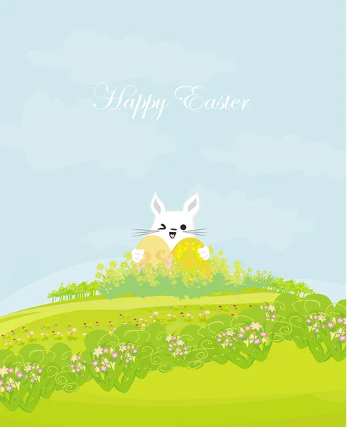 Yumurta taşıyan mutlu Paskalya tavşanı tasviri — Stok fotoğraf