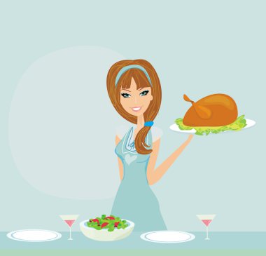 Beautiful lady serving chicken clipart