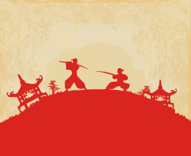 Samurai silhouette in Asian Landscape clipart