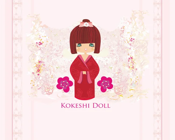 Kokeshi doll on the pink background with floral ornament — Stock Photo, Image