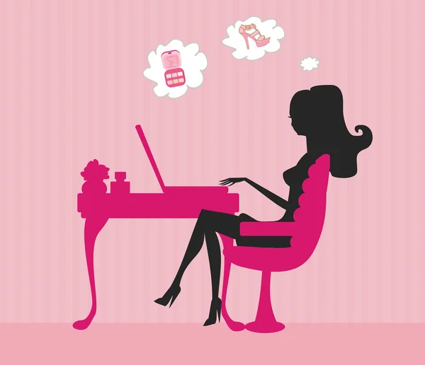 온라인 쇼핑 - 노트북 컴퓨터를 가지고 앉아 있는 젊은 여자 — 스톡 사진