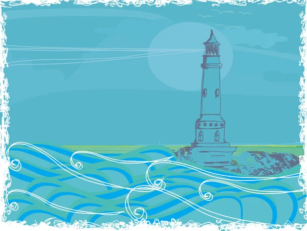 Latarnia morska widoczna z niewielkiej plaży - Grunge Poster — Zdjęcie stockowe