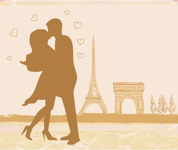 Romantický pár v Paříži líbající se poblíž Eiffelovy věže. Retro karta. — Stock fotografie