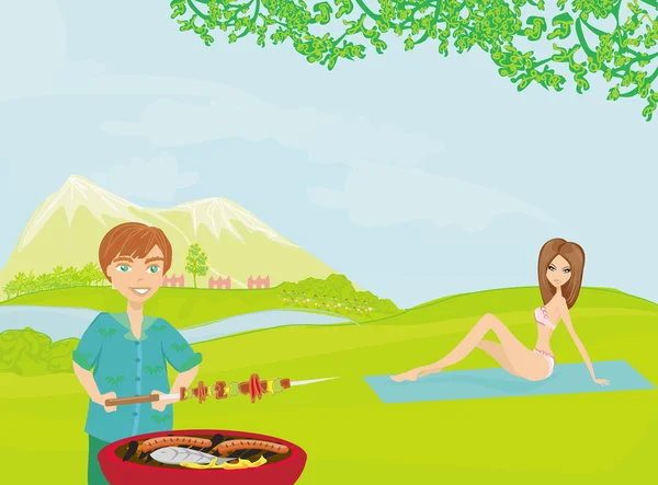 Barbecue Party - koken en meisje — Stockfoto