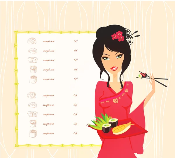 Beautiful Asian girl enjoy sushi - menu template — Stock Photo, Image
