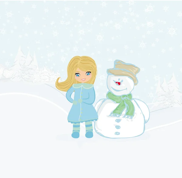 Menina e boneco de neve cartão — Fotografia de Stock