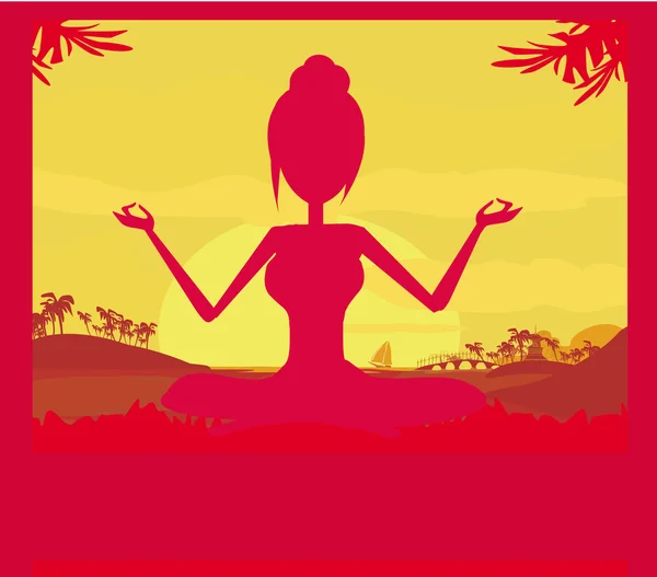 Silhouette of a Girl in Yoga pose on Summer background with palm tree — Stock Photo, Image