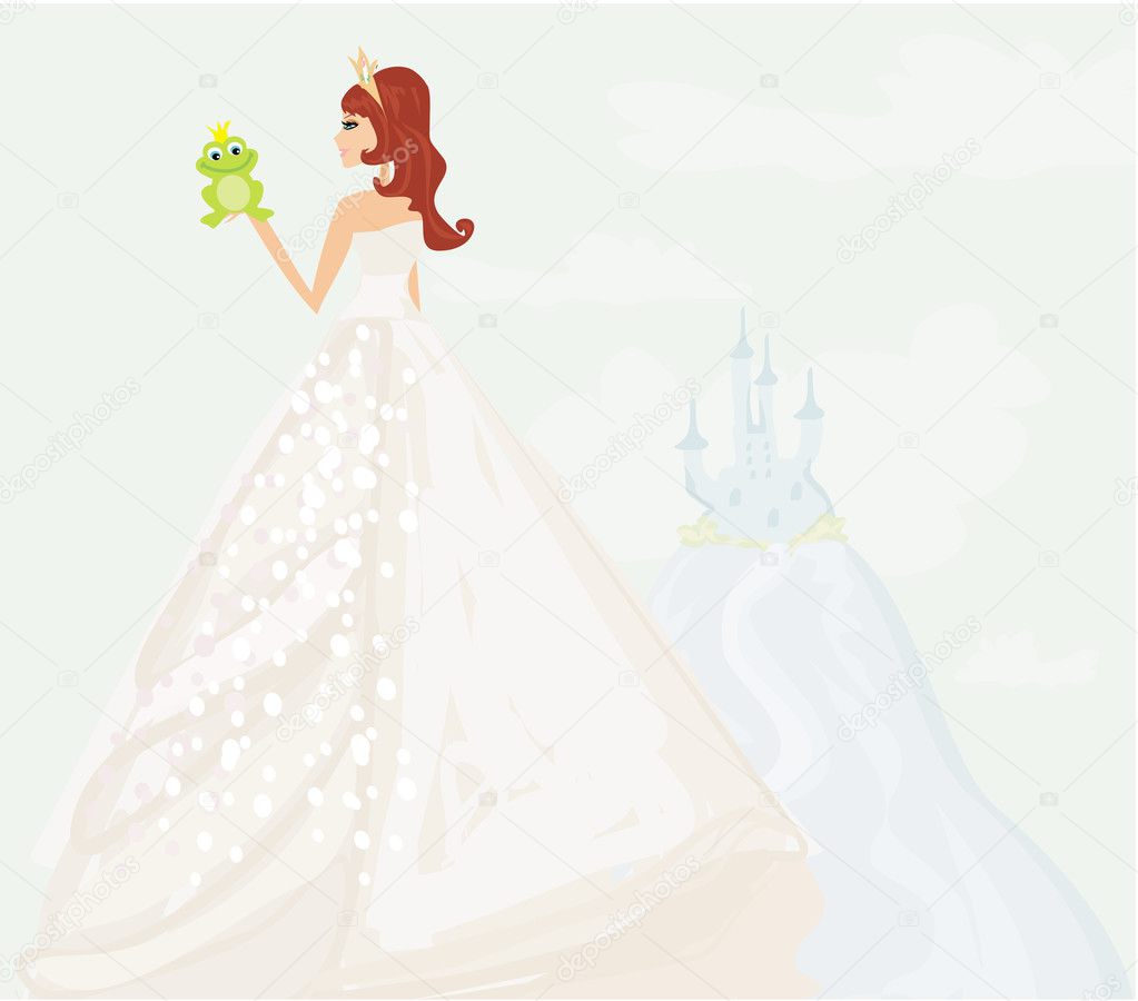 Beautiful young princess holding a big green frog