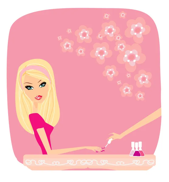 Młoda dama robi manicure w salonie piękności — Zdjęcie stockowe