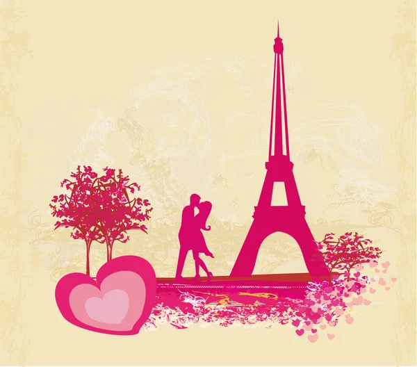 Pareja romántica en París besándose cerca de la Torre Eiffel. Tarjeta retro. — Foto de Stock