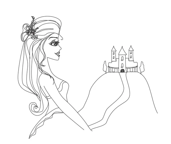 Όμορφη νεαρή πριγκίπισσα μπροστά από το κάστρο της - doodle εικόνα — Φωτογραφία Αρχείου