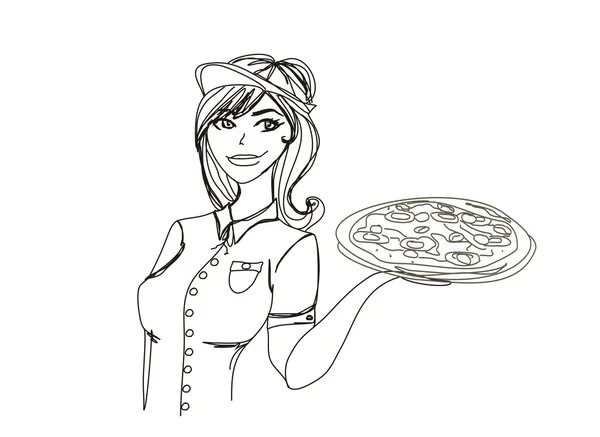 Young waitress with pizza. doodle — Stock Photo, Image